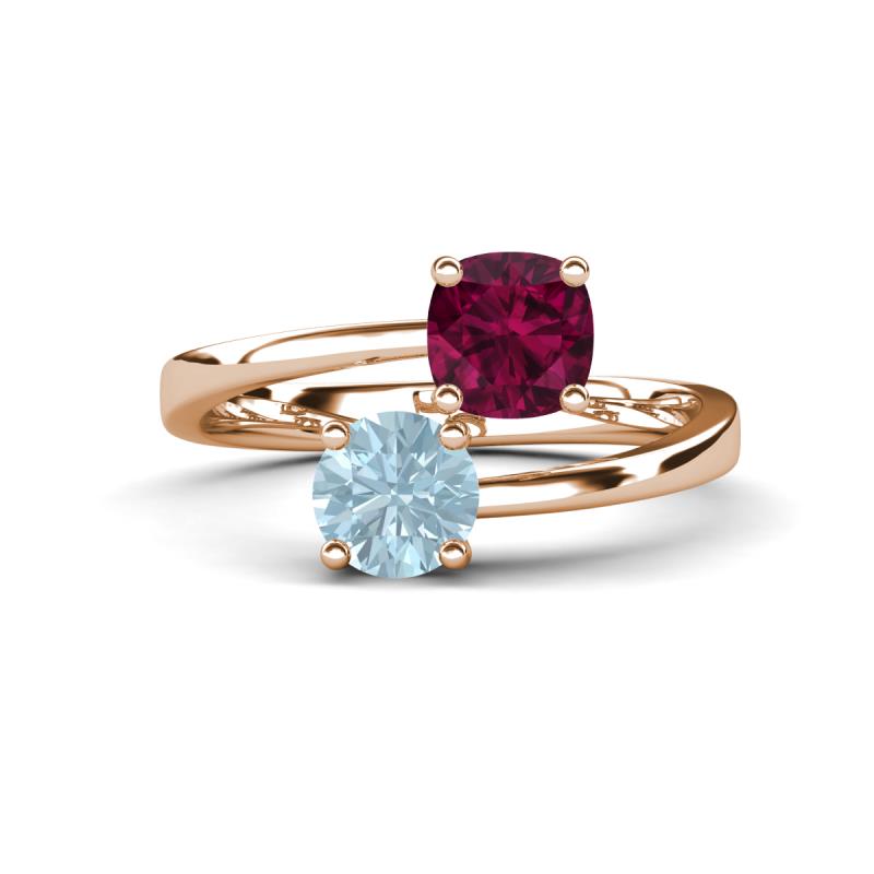 Jianna 6.00 mm Cushion Rhodolite Garnet and Round Aquamarine 2 Stone Promise Ring 