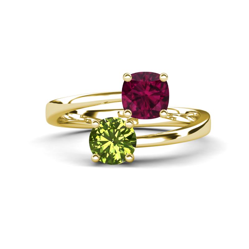 Jianna 6.00 mm Cushion Rhodolite Garnet and Round Peridot 2 Stone Promise Ring 