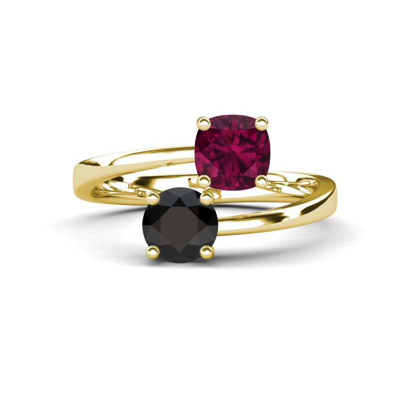 Jianna 6.00 mm Cushion Rhodolite Garnet and Round Black Diamond 2 Stone Promise Ring 