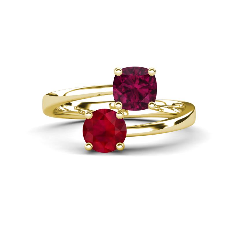 Jianna 6.00 mm Cushion Rhodolite Garnet and Round Ruby 2 Stone Promise Ring 