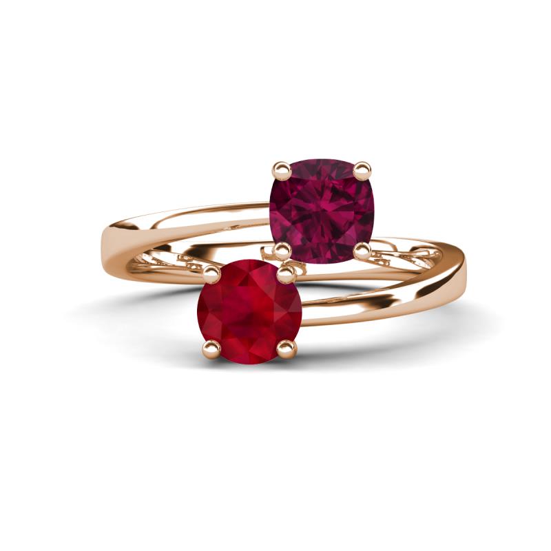 Jianna 6.00 mm Cushion Rhodolite Garnet and Round Ruby 2 Stone Promise Ring 