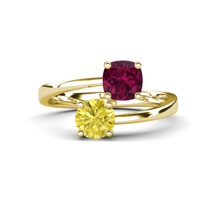 Jianna 6.00 mm Cushion Rhodolite Garnet and Round Yellow Diamond 2 Stone Promise Ring 