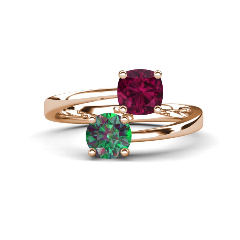 Jianna 6.00 mm Cushion Rhodolite Garnet and Round Lab Created Alexandrite 2 Stone Promise Ring 