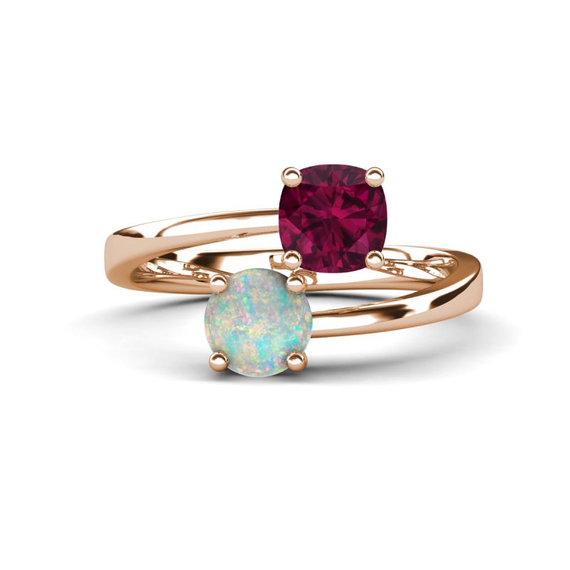 Jianna 6.00 mm Cushion Rhodolite Garnet and Round Opal 2 Stone Promise Ring 