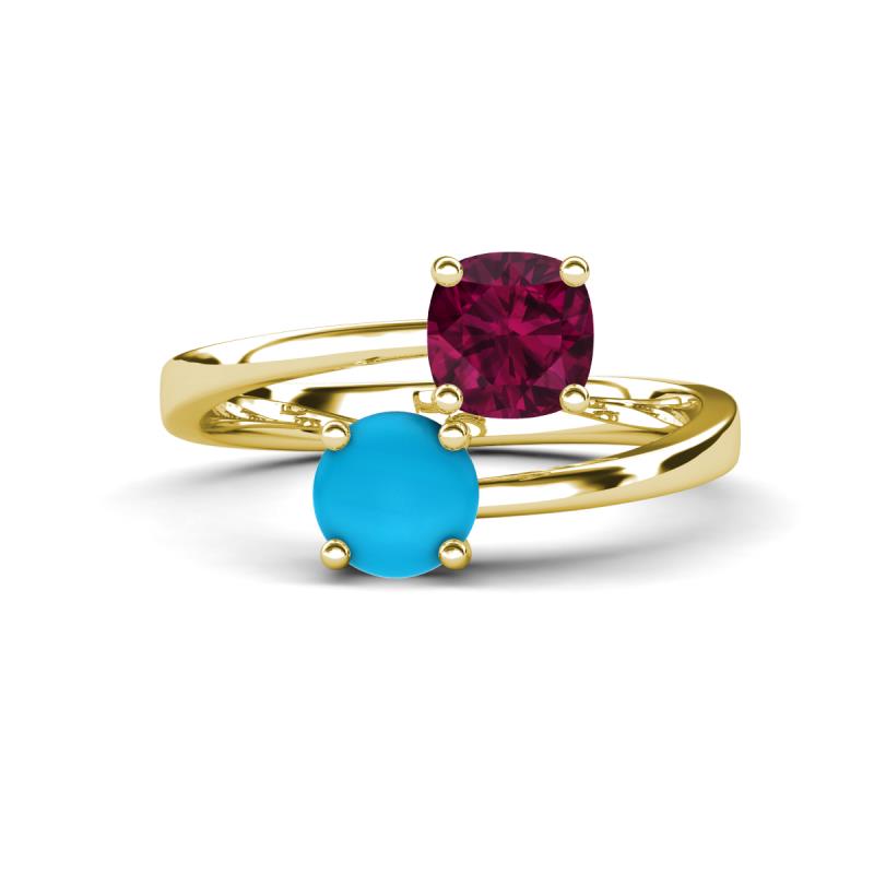 Jianna 6.00 mm Cushion Rhodolite Garnet and Round Turquoise 2 Stone Promise Ring 