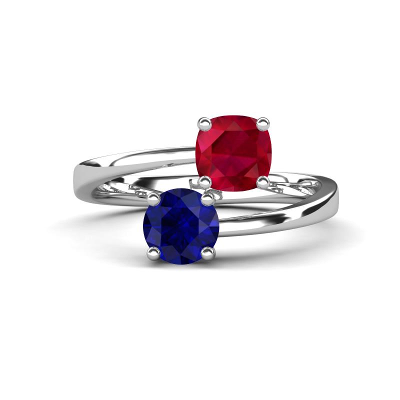 Jianna 6.00 mm Cushion Lab Created Ruby and Round Blue Sapphire 2 Stone Promise Ring 