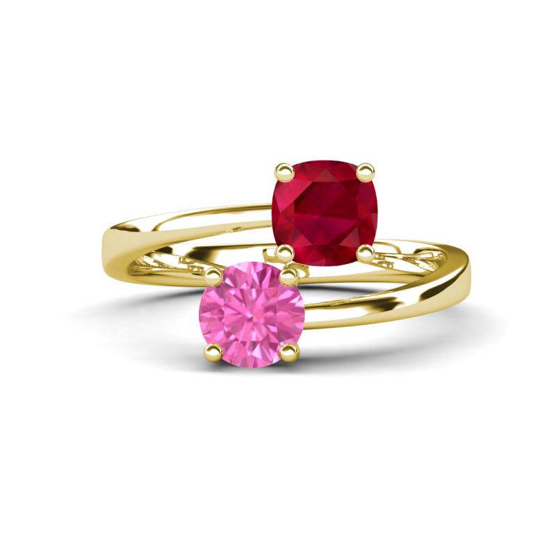 Jianna 6.00 mm Cushion Lab Created Ruby and Round Lab Created Pink Sapphire 2 Stone Promise Ring 