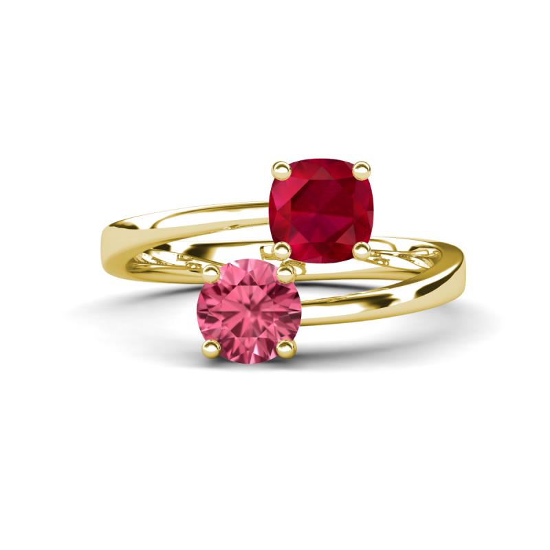 Jianna 6.00 mm Cushion Lab Created Ruby and Round Pink Tourmaline 2 Stone Promise Ring 