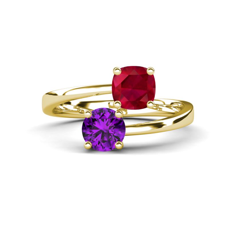 Jianna 6.00 mm Cushion Lab Created Ruby and Round Amethyst 2 Stone Promise Ring 