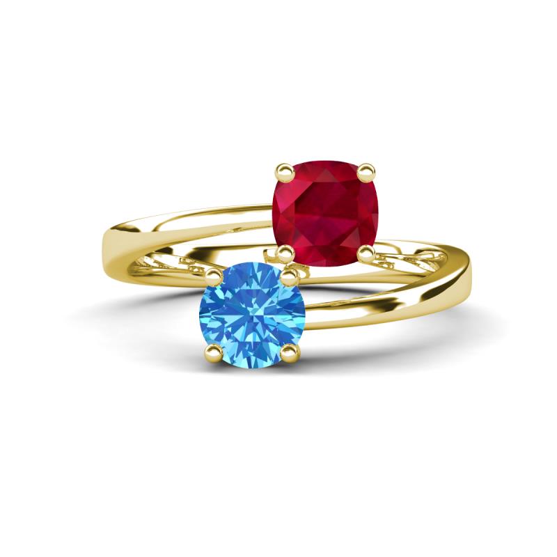 Jianna 6.00 mm Cushion Lab Created Ruby and Round Blue Topaz 2 Stone Promise Ring 