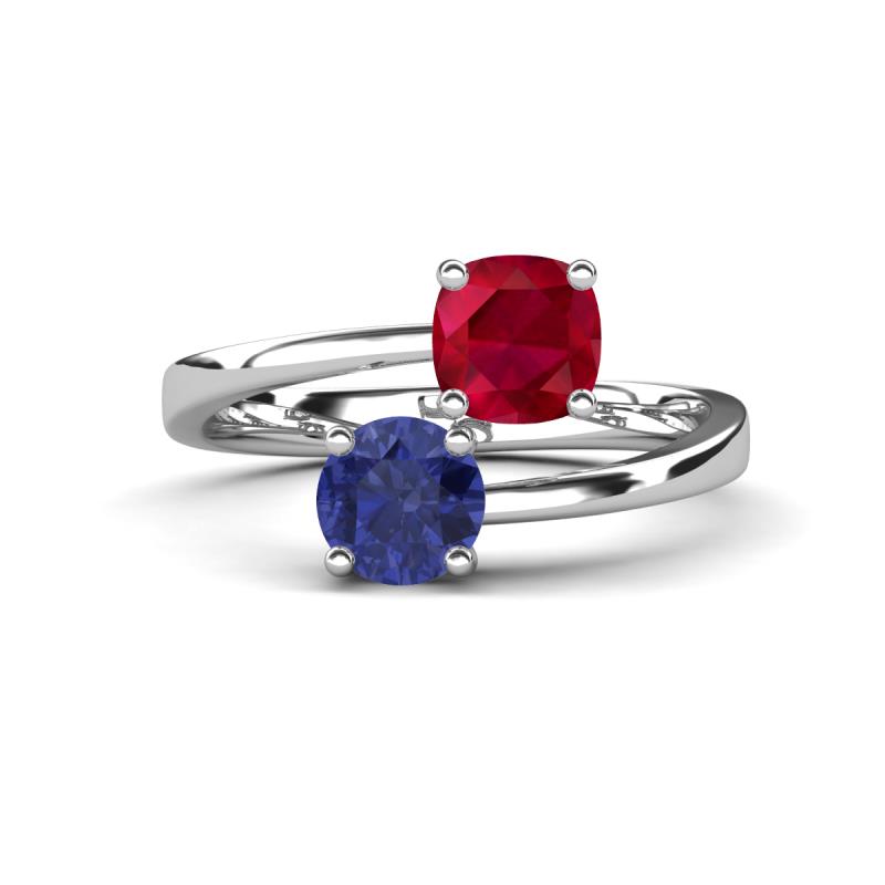 Jianna 6.00 mm Cushion Lab Created Ruby and Round Iolite 2 Stone Promise Ring 