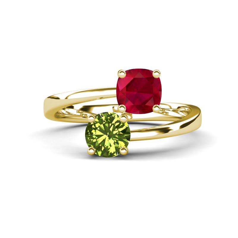 Jianna 6.00 mm Cushion Lab Created Ruby and Round Peridot 2 Stone Promise Ring 