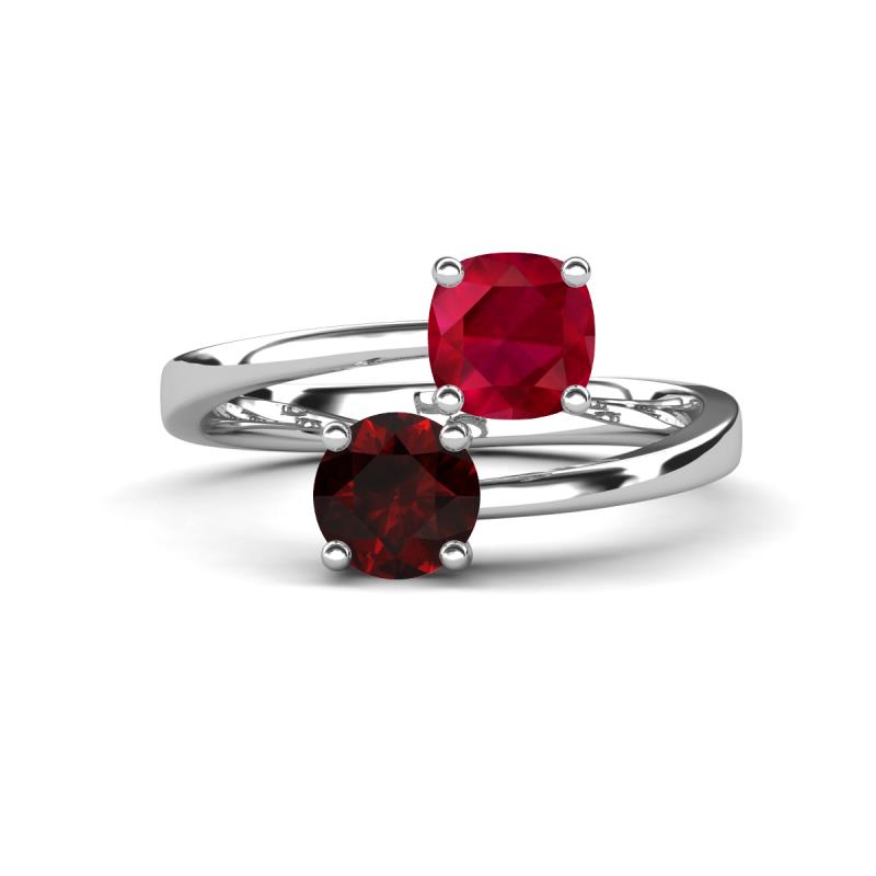 Jianna 6.00 mm Cushion Lab Created Ruby and Round Red Garnet 2 Stone Promise Ring 