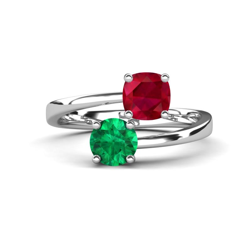 Jianna 6.00 mm Cushion Lab Created Ruby and Round Emerald 2 Stone Promise Ring 