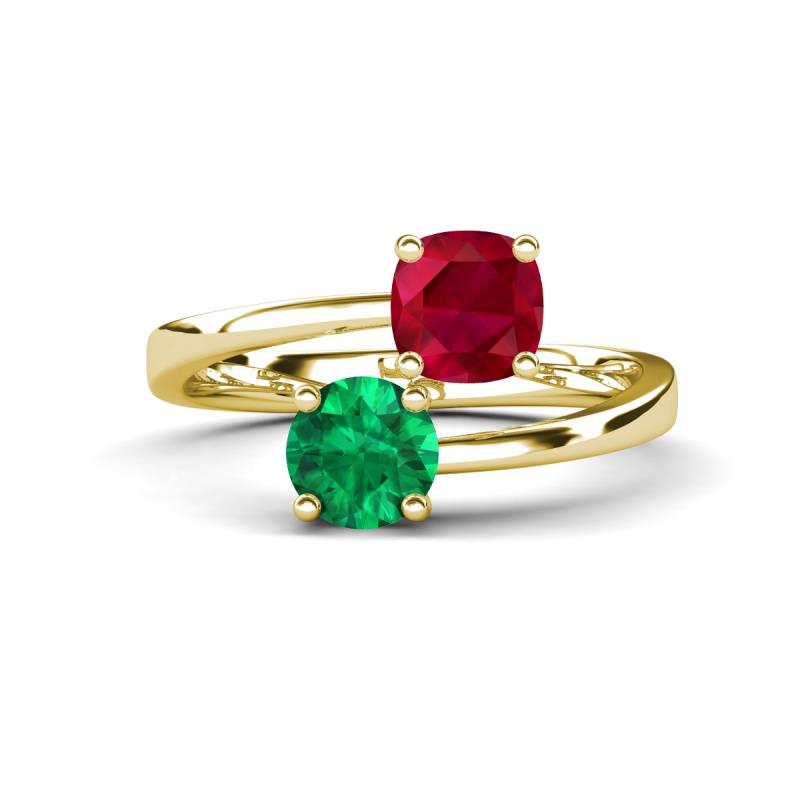 Jianna 6.00 mm Cushion Lab Created Ruby and Round Emerald 2 Stone Promise Ring 