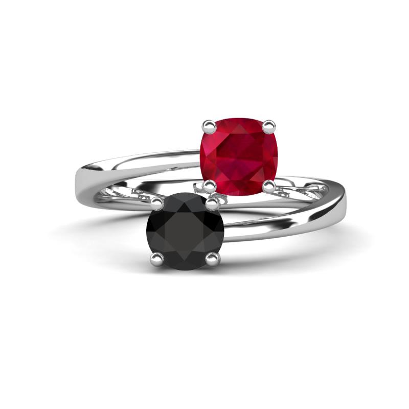 Jianna 6.00 mm Cushion Lab Created Ruby and Round Black Diamond 2 Stone Promise Ring 