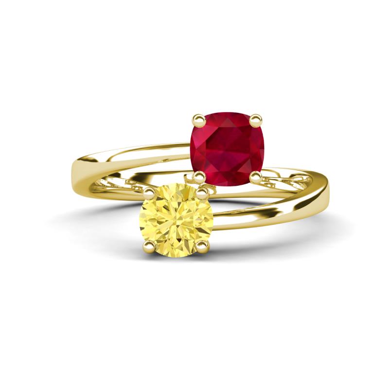 Jianna 6.00 mm Cushion Lab Created Ruby and Round Natural Created Yellow Sapphire 2 Stone Promise Ring 