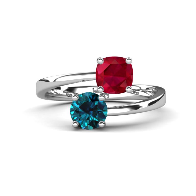 Jianna 6.00 mm Cushion Lab Created Ruby and Round Blue Diamond 2 Stone Promise Ring 