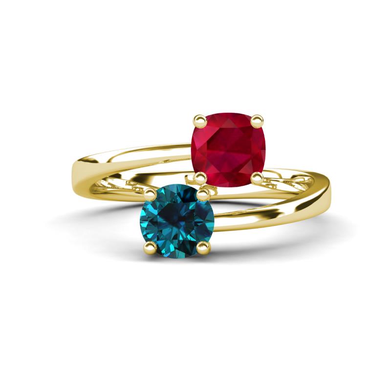 Jianna 6.00 mm Cushion Lab Created Ruby and Round Blue Diamond 2 Stone Promise Ring 