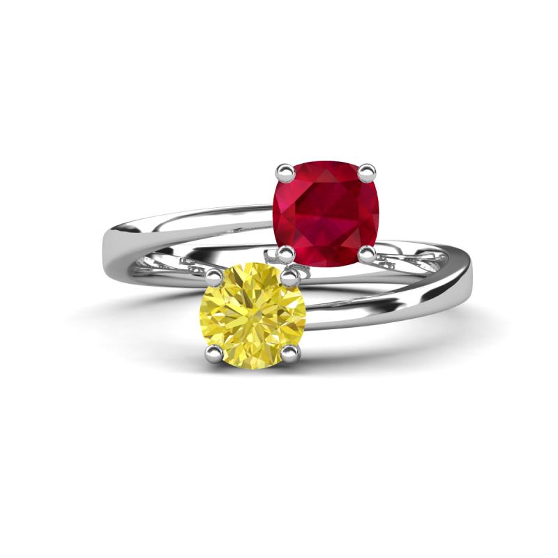 Jianna 6.00 mm Cushion Lab Created Ruby and Round Yellow Diamond 2 Stone Promise Ring 