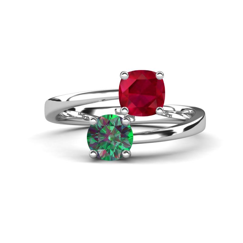 Jianna 6.00 mm Cushion Lab Created Ruby and Round Lab Created Alexandrite 2 Stone Promise Ring 