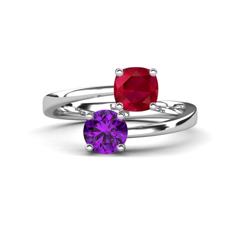 Jianna 6.00 mm Cushion Lab Created Ruby and Round Amethyst 2 Stone Promise Ring 