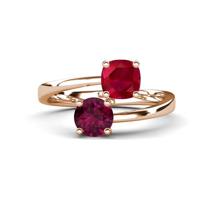 Jianna 6.00 mm Cushion Lab Created Ruby and Round Rhodolite Garnet 2 Stone Promise Ring 