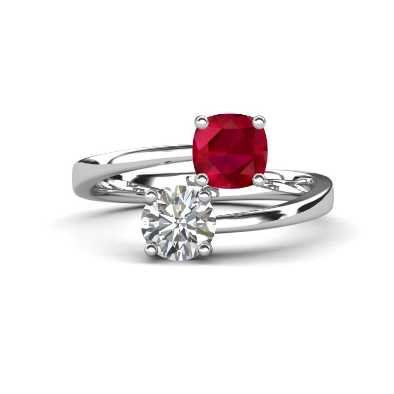 Jianna 6.00 mm Cushion Lab Created Ruby and Round Forever Brilliant Moissanite 2 Stone Promise Ring 