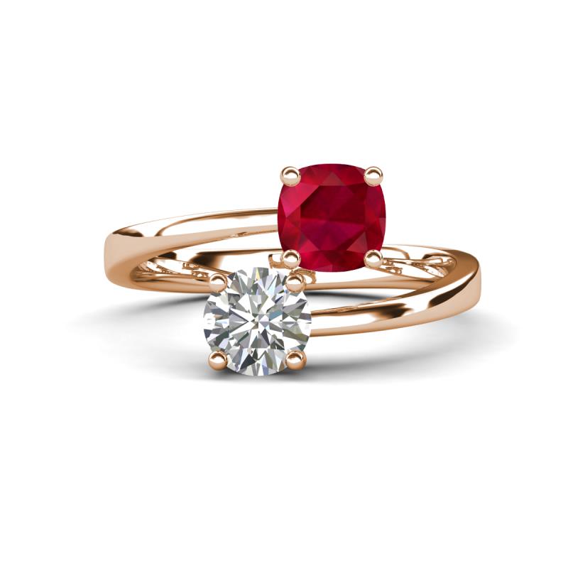 Jianna 6.00 mm Cushion Lab Created Ruby and Round Forever Brilliant Moissanite 2 Stone Promise Ring 