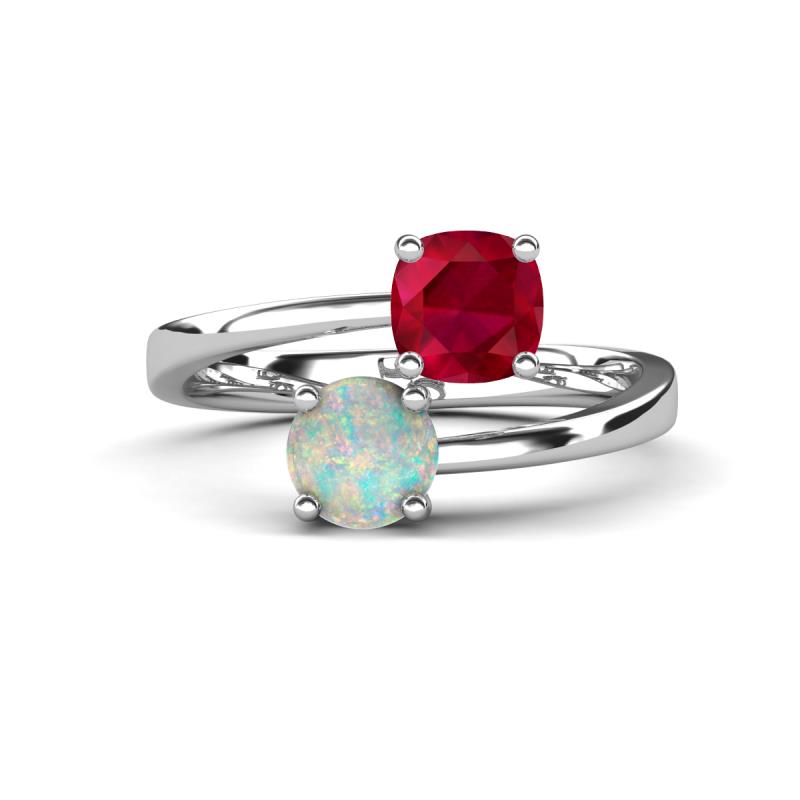 Jianna 6.00 mm Cushion Lab Created Ruby and Round Opal 2 Stone Promise Ring 