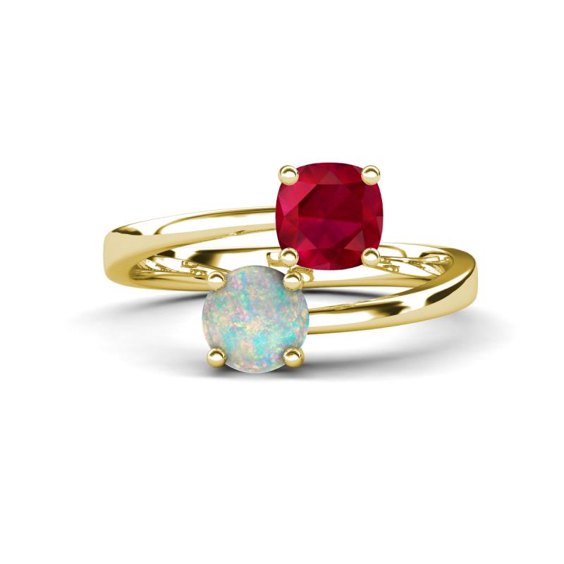 Jianna 6.00 mm Cushion Lab Created Ruby and Round Opal 2 Stone Promise Ring 