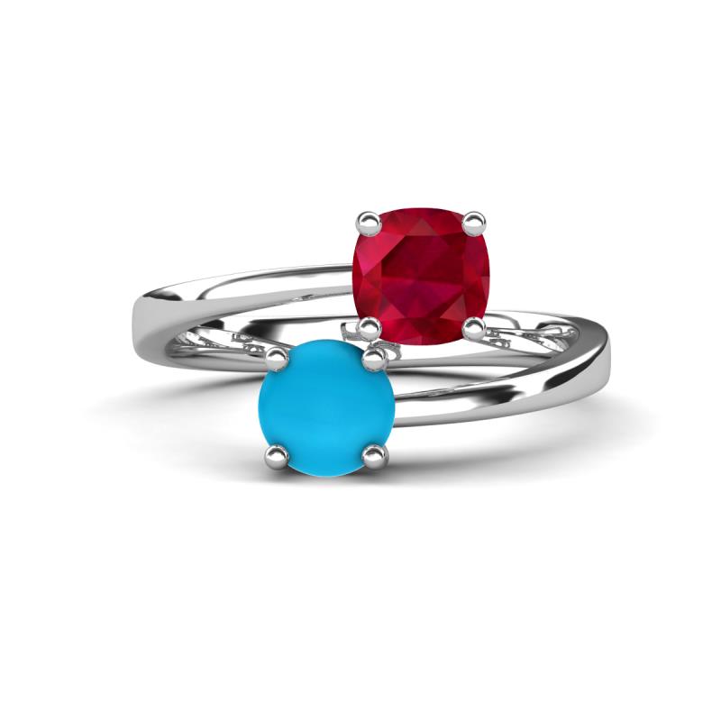 Jianna 6.00 mm Cushion Lab Created Ruby and Round Turquoise 2 Stone Promise Ring 