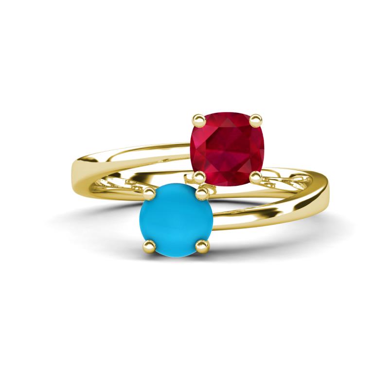 Jianna 6.00 mm Cushion Lab Created Ruby and Round Turquoise 2 Stone Promise Ring 