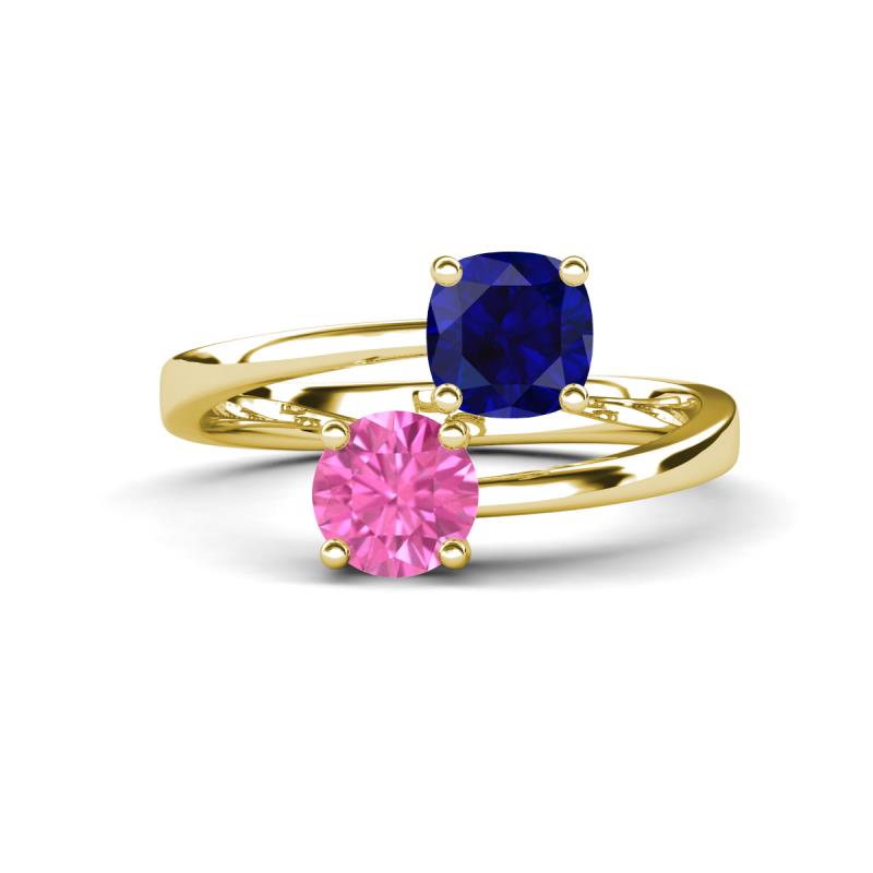 Jianna 6.00 mm Cushion Lab Created Blue Sapphire and Round Lab Created Pink Sapphire 2 Stone Promise Ring 