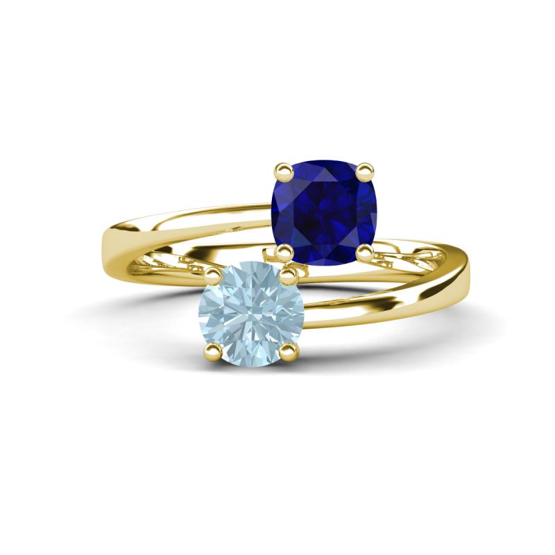 Jianna 6.00 mm Cushion Lab Created Blue Sapphire and Round Aquamarine 2 Stone Promise Ring 