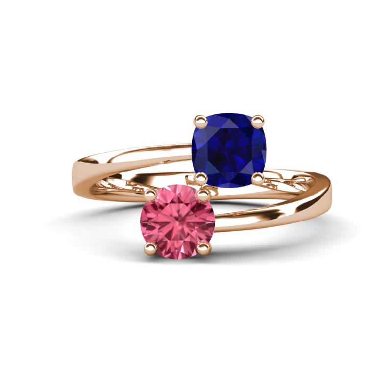 Jianna 6.00 mm Cushion Lab Created Blue Sapphire and Round Pink Tourmaline 2 Stone Promise Ring 