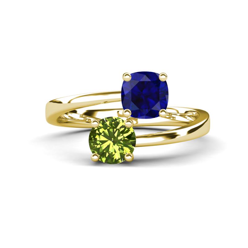 Jianna 6.00 mm Cushion Lab Created Blue Sapphire and Round Peridot 2 Stone Promise Ring 
