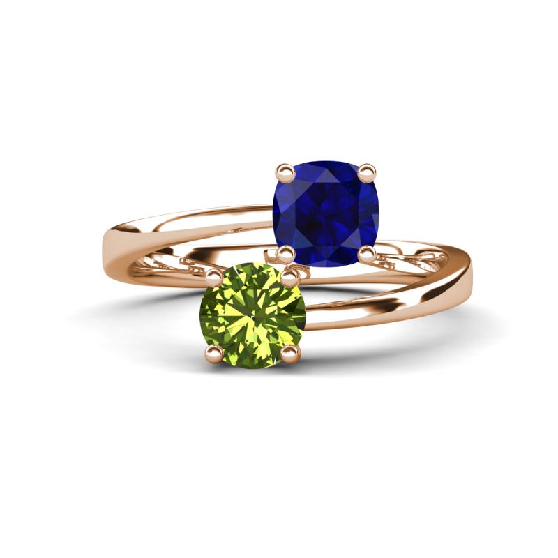 Jianna 6.00 mm Cushion Lab Created Blue Sapphire and Round Peridot 2 Stone Promise Ring 