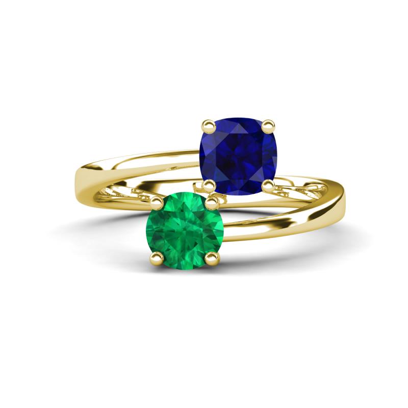 Jianna 6.00 mm Cushion Lab Created Blue Sapphire and Round Emerald 2 Stone Promise Ring 
