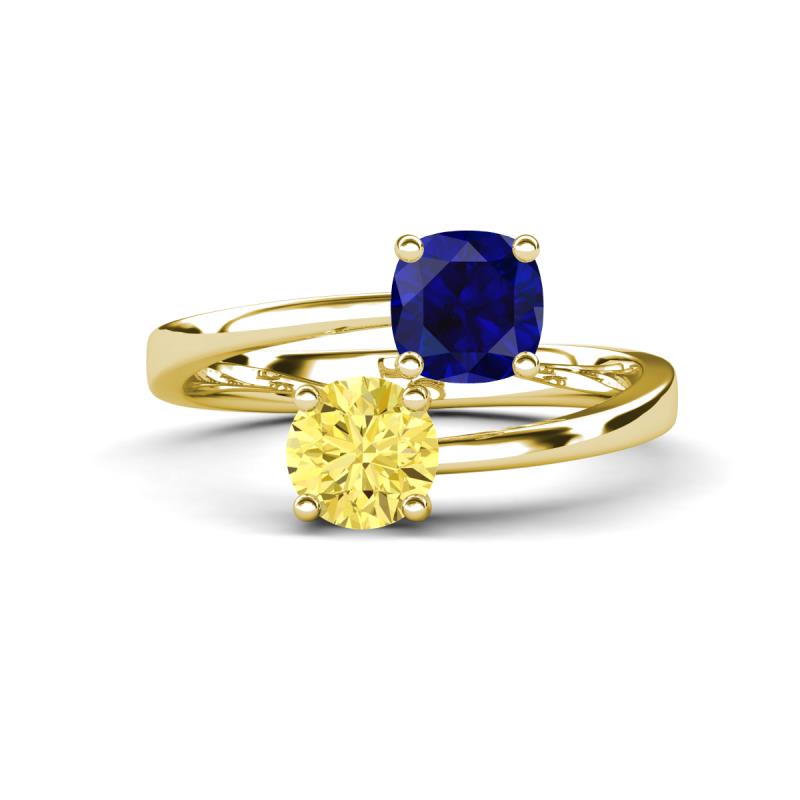 Jianna 6.00 mm Cushion Lab Created Blue Sapphire and Round Lab Created Yellow Sapphire 2 Stone Promise Ring 