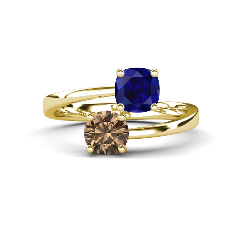 Jianna 6.00 mm Cushion Lab Created Blue Sapphire and Round Smoky Quartz 2 Stone Promise Ring 