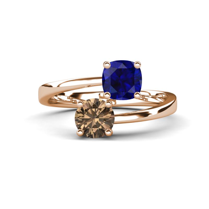 Jianna 6.00 mm Cushion Lab Created Blue Sapphire and Round Smoky Quartz 2 Stone Promise Ring 