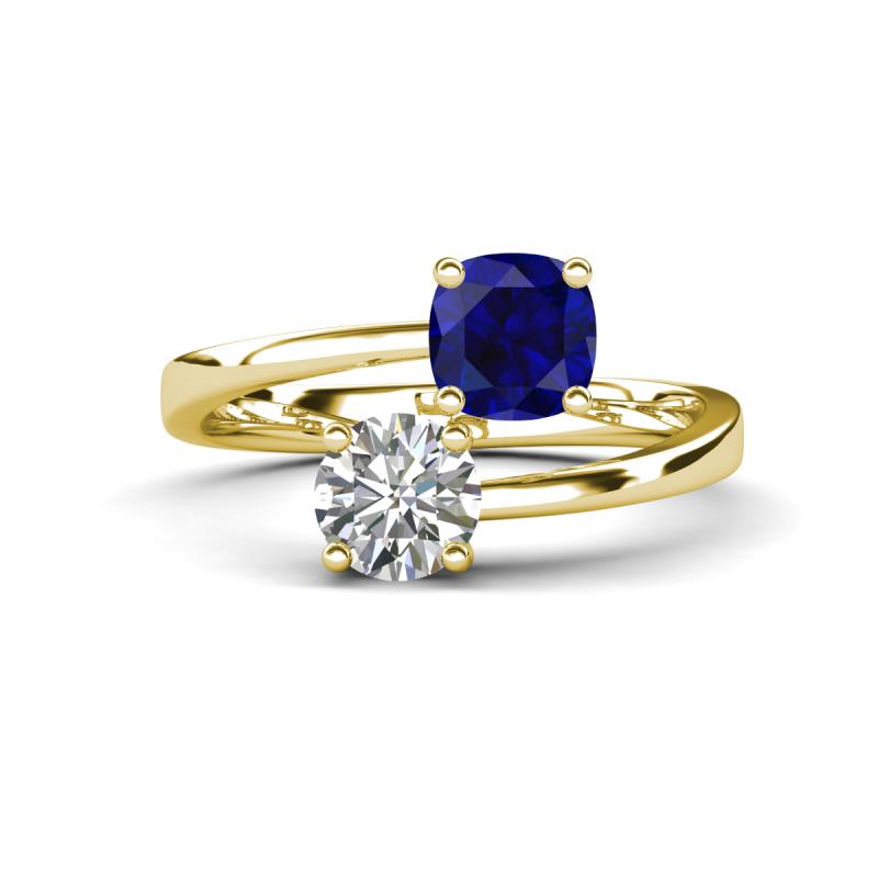 Jianna 6.00 mm Cushion Lab Created Blue Sapphire and GIA Certified Round Natural Diamond 2 Stone Promise Ring 