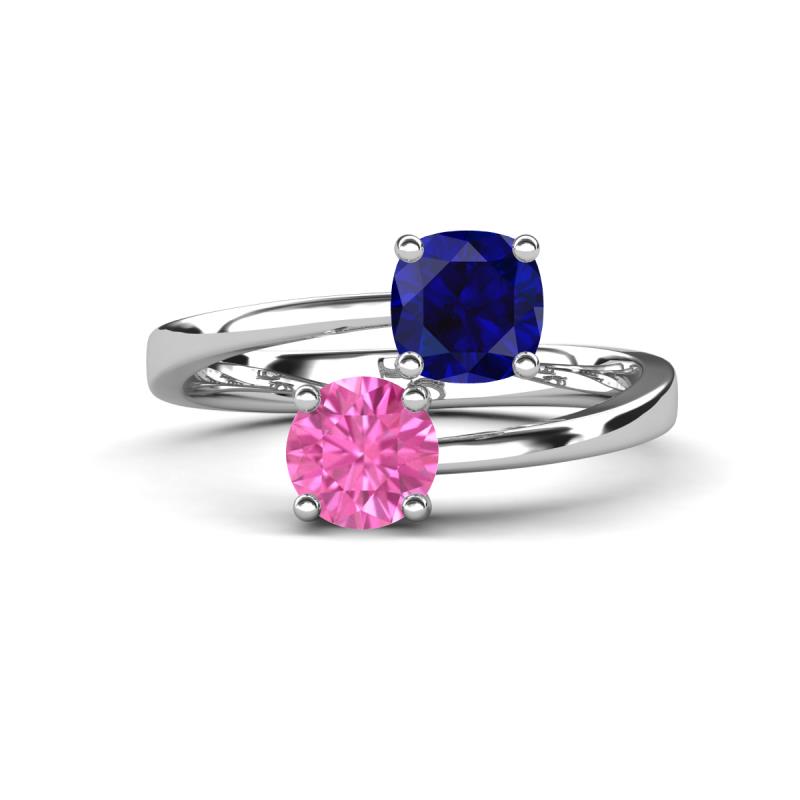 Jianna 6.00 mm Cushion Lab Created Blue Sapphire and Round Lab Created Pink Sapphire 2 Stone Promise Ring 