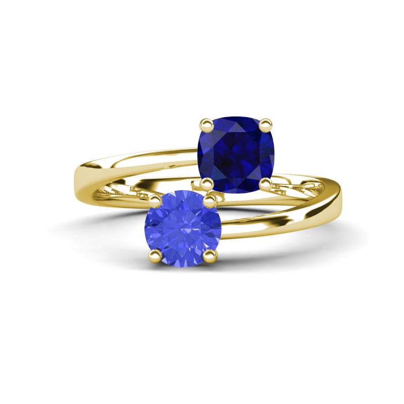 Jianna 6.00 mm Cushion Lab Created Blue Sapphire and Round Tanzanite 2 Stone Promise Ring 