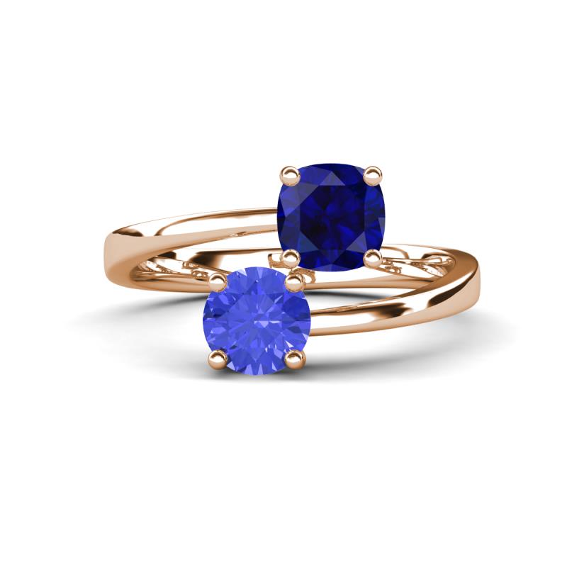 Jianna 6.00 mm Cushion Lab Created Blue Sapphire and Round Tanzanite 2 Stone Promise Ring 