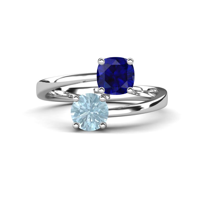 Jianna 6.00 mm Cushion Lab Created Blue Sapphire and Round Aquamarine 2 Stone Promise Ring 