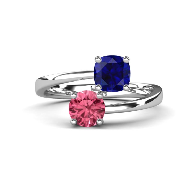 Jianna 6.00 mm Cushion Lab Created Blue Sapphire and Round Pink Tourmaline 2 Stone Promise Ring 
