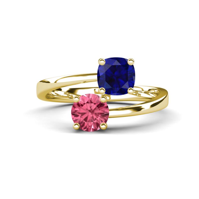 Jianna 6.00 mm Cushion Lab Created Blue Sapphire and Round Pink Tourmaline 2 Stone Promise Ring 