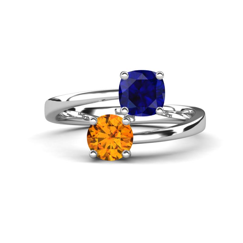 Jianna 6.00 mm Cushion Lab Created Blue Sapphire and Round Citrine 2 Stone Promise Ring 